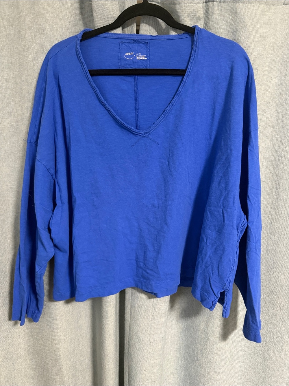 aerie Relaxed V‑Neck Long Sleeve Pullover in Royal Blue